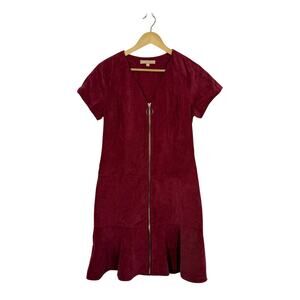 Hope & Harlow Corduroy Mini Dress Womens Sz 6 Red V-Neck Front Zip Short Sleeve